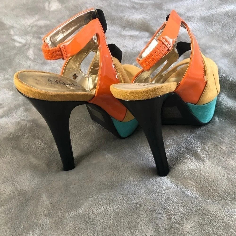 Paprika color block ankle sling back heel ankle heels orange tan+ mint green 5.5